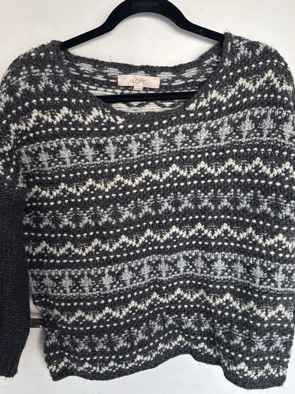 LOFT Gray & White Fair Isle Crewneck Sweater